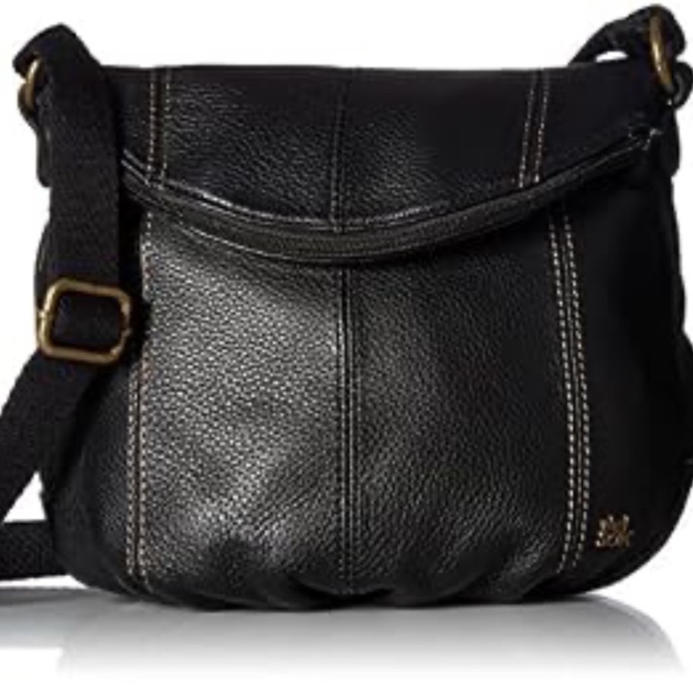 The Sak Deena Black Pebbled Leather Foldover Zip Flap Boho Crossbody Bag